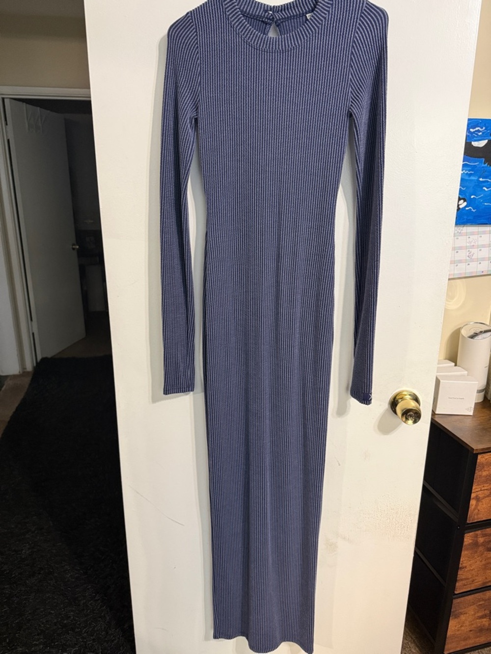 Long Sleeve Ribbed Maxi Dress in Slate Blue